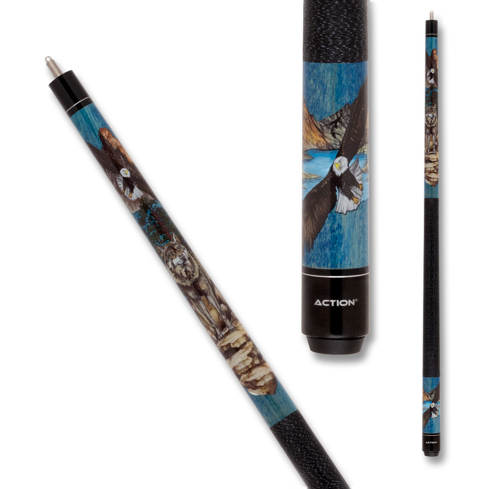 BAGUETTE DE BILLARD ACTION WOLF EAGLES ADV122 AVEC GRIP NOIR ET BLEU 13MM 19OZ