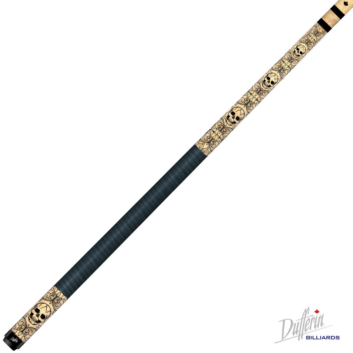 BAGUETTE DE BILLARD DUFFERIN REBEL LASER ETCH SERIES D582 - BLACK LEATHER GRIP WITH SKULLS