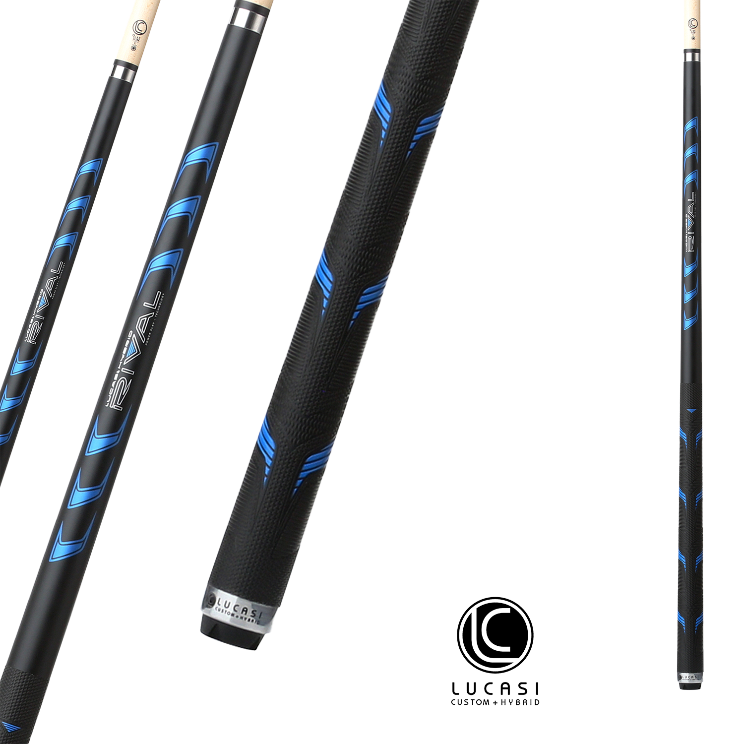 BAGUETTE DE BILLARD LUCASI HYBRIDE RIVAL NOIR ET BLEU MÉTALLIQUE FINITION MATTE AVEC GRIP RIVAL G5 13MM 19OZ