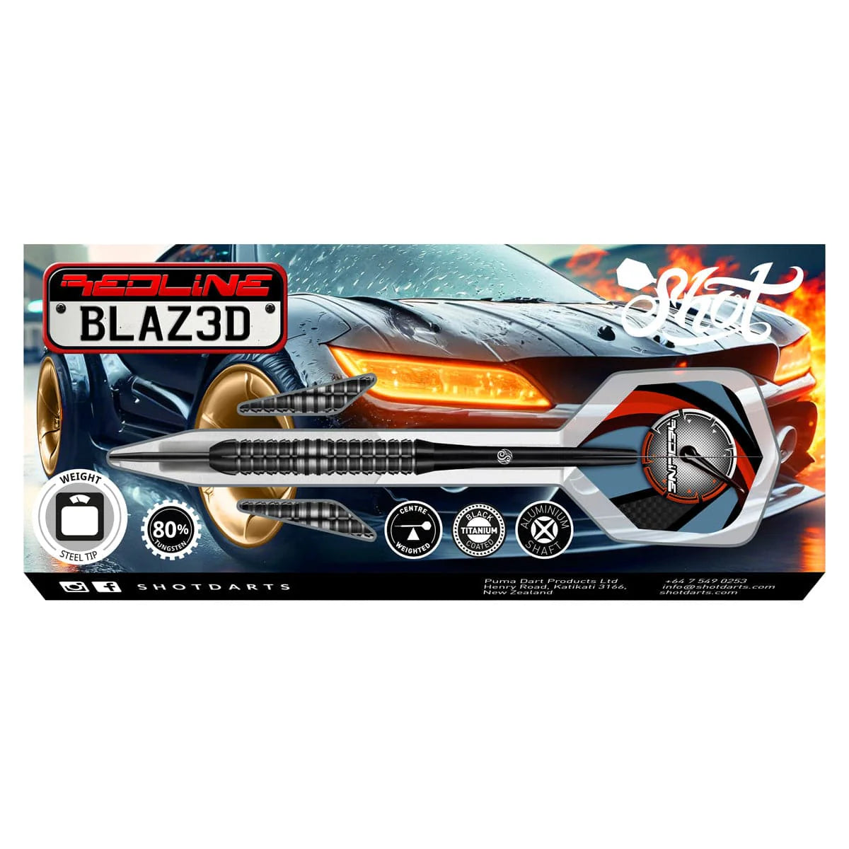 JEU DE FLÉCHETTES SHOT REDLINE BLAZ3D POINTE ACIER TUNGSTÈNE 80 % 22G