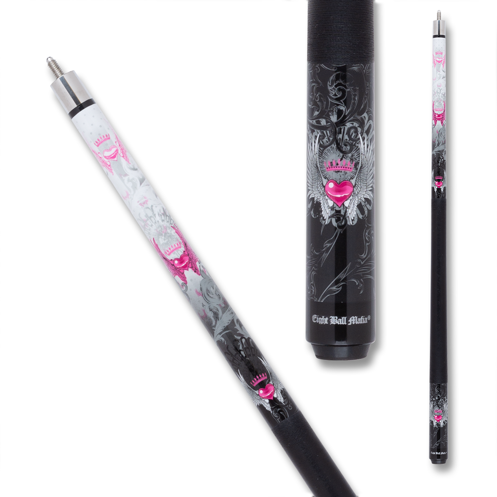 BAGUETTE DE BILLARD ACTION EBM11 MOTIF CŒUR ET AILES GRIP NOIR ET BLANC ET ROSE 13MM 19OZ