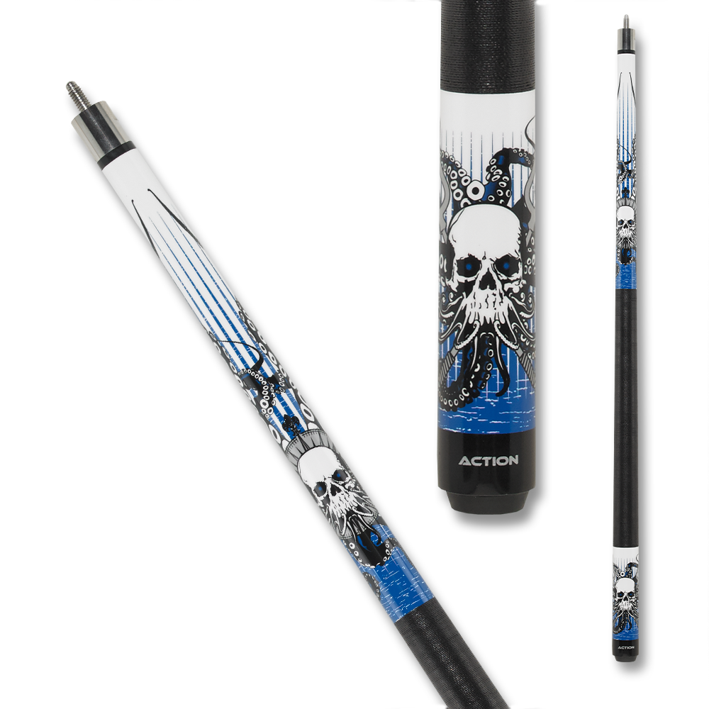 BAGUETTE DE BILLARD ACTION EBM17 MOTIF CRÂNE ET POULPE GRIP NOIR BLANC ET BLEU 13MM 19OZ