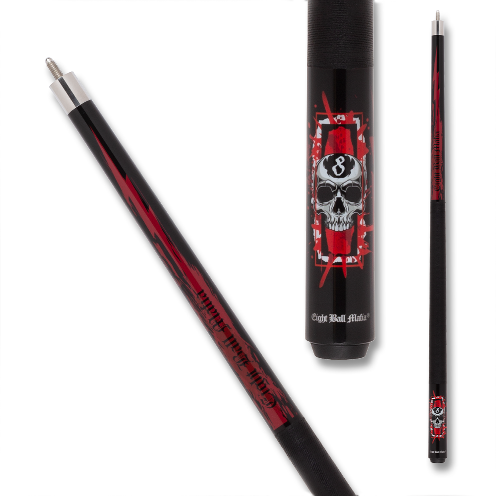 ACTION POOL CUE EBM32 SKULL 8 WRAP BLACK AND RED 13MM 19OZ