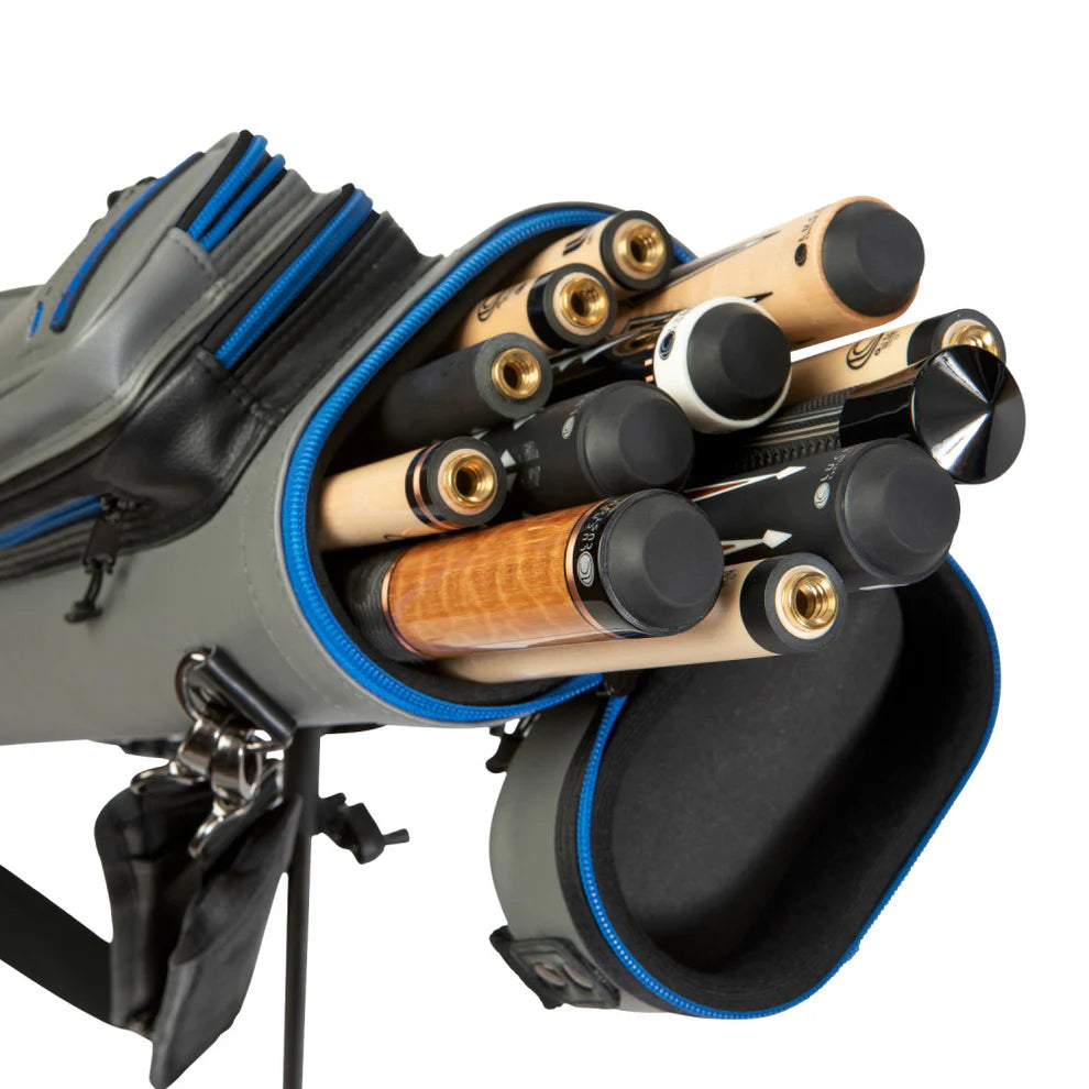 ÉTUI DE BAGUETTE DE BILLARD LUCASI RIVAL RIGIDE GRIS ET BLEU 4M 8F AVEC SUPPORT