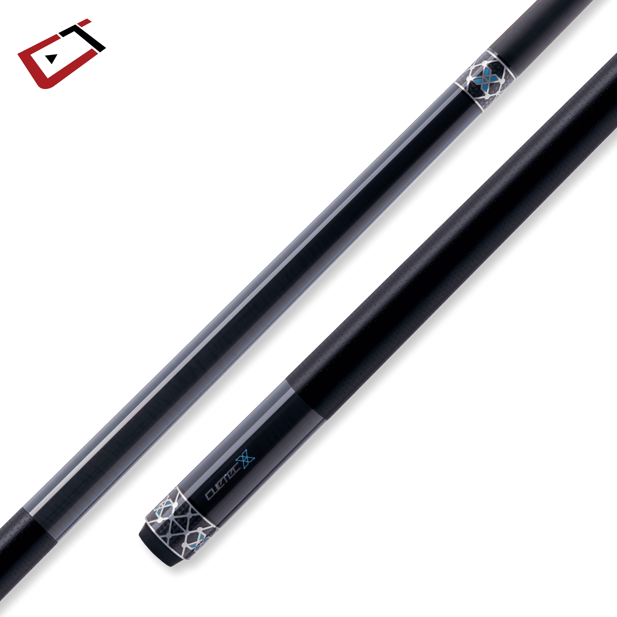 A sleek black pool cue with intricate blue and silver geometric designs near the joint and the grip. The cue features a polished finish and a subtle textured grip for enhanced handling.