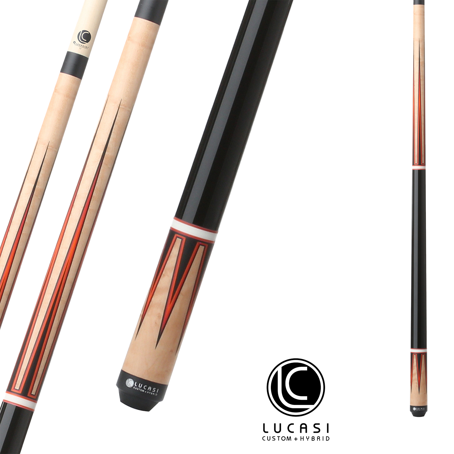 BAGUETTE DE BILLARD LUCASI PERSONNALISÉE NOIRE ET ANTIQUE EN ERABLE BIRDSEYE ROUGE ORANGE 13MM 19OZ