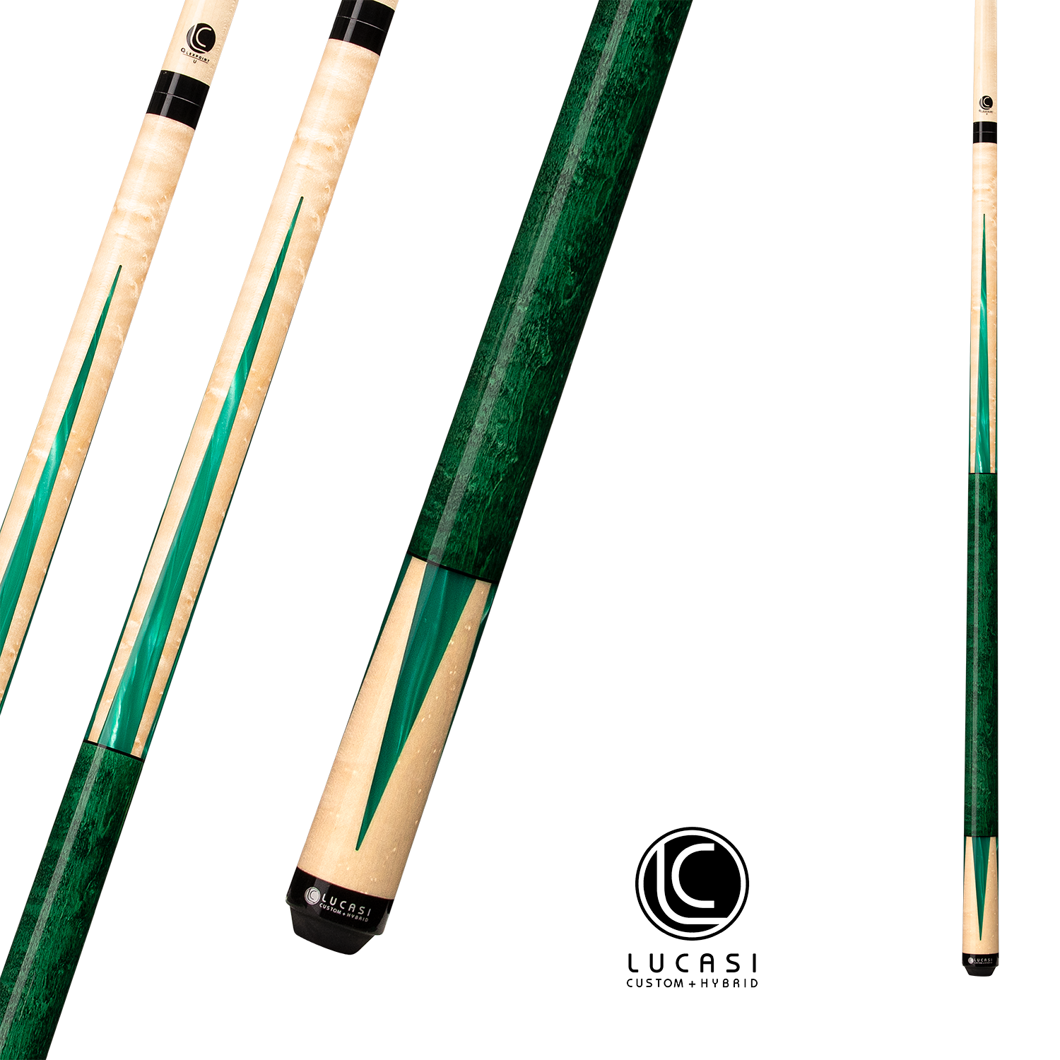 BAGUETTE DE BILLARD LUCASI PERSONNALISÉE TEINTE ÉMERAUDE ET NATUREL SUPER BIRDSEYE 13MM 19OZ