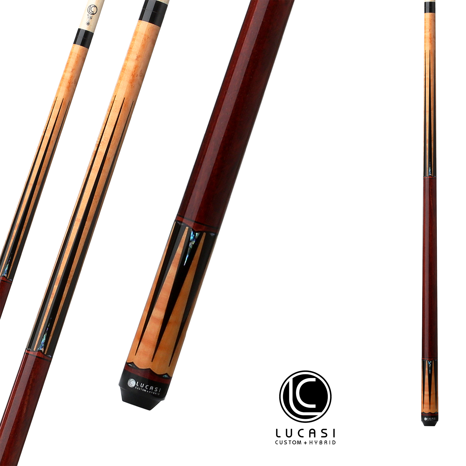 BAGUETTE DE BILLARD LUCASI HYBRIDE TEINTE OR BIRDSEYE NOIR ET ANNEAU EN ÉRABLE 13MM 19OZ