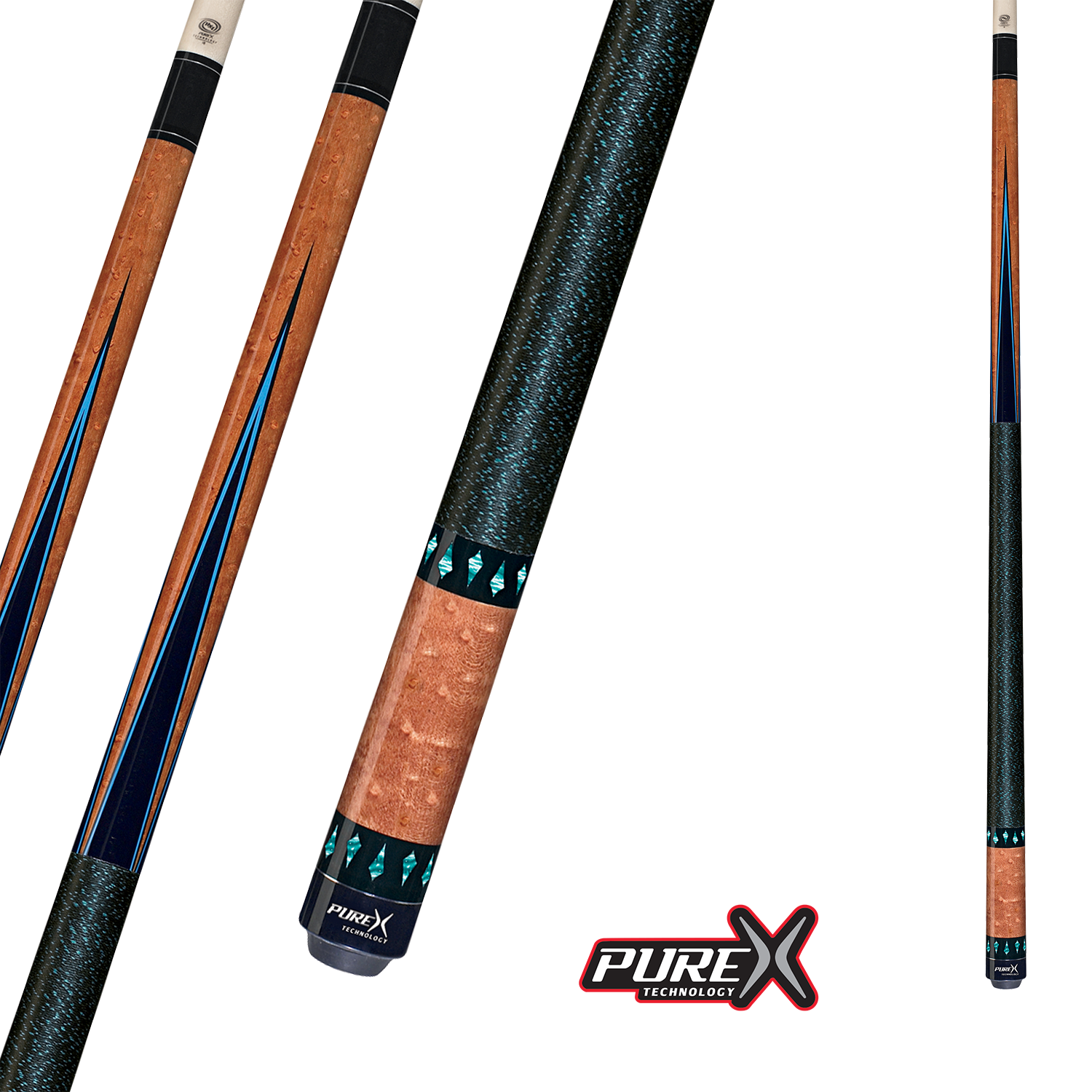 BAGUETTE DE BILLARD PURE X ÉRABLE BIRDSEYE AVEC POINTES NOIRES ET TURQUOISE 13MM 19OZ