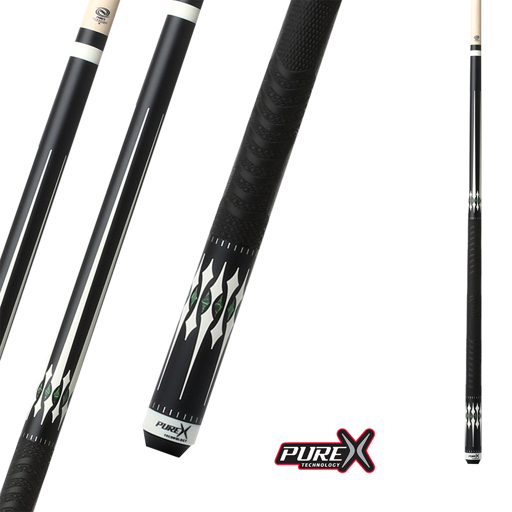 A sleek pool cue featuring a black shaft with white geometric and tribal-style accents, a textured black grip, and the PureX Technology logo at the bottom. The design is modern and professional, highlighting precision and performance.