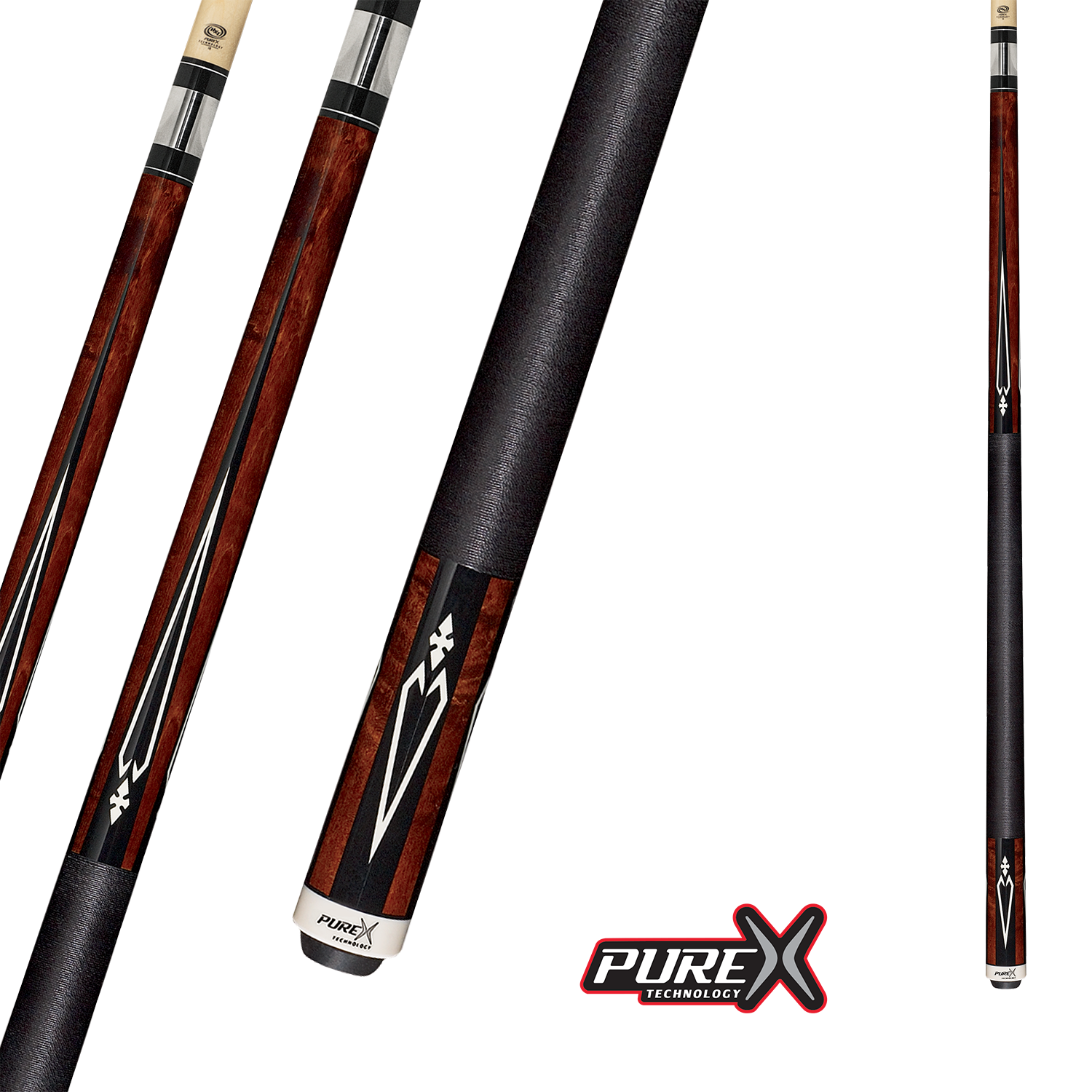 BAGUETTE DE BILLARD PURE X NOYER ÉRABLE ŒIL D'OISEAU AVEC DIAMANTS NOIRS ET BLANCS 19OZ 13MM AVEC WRAP