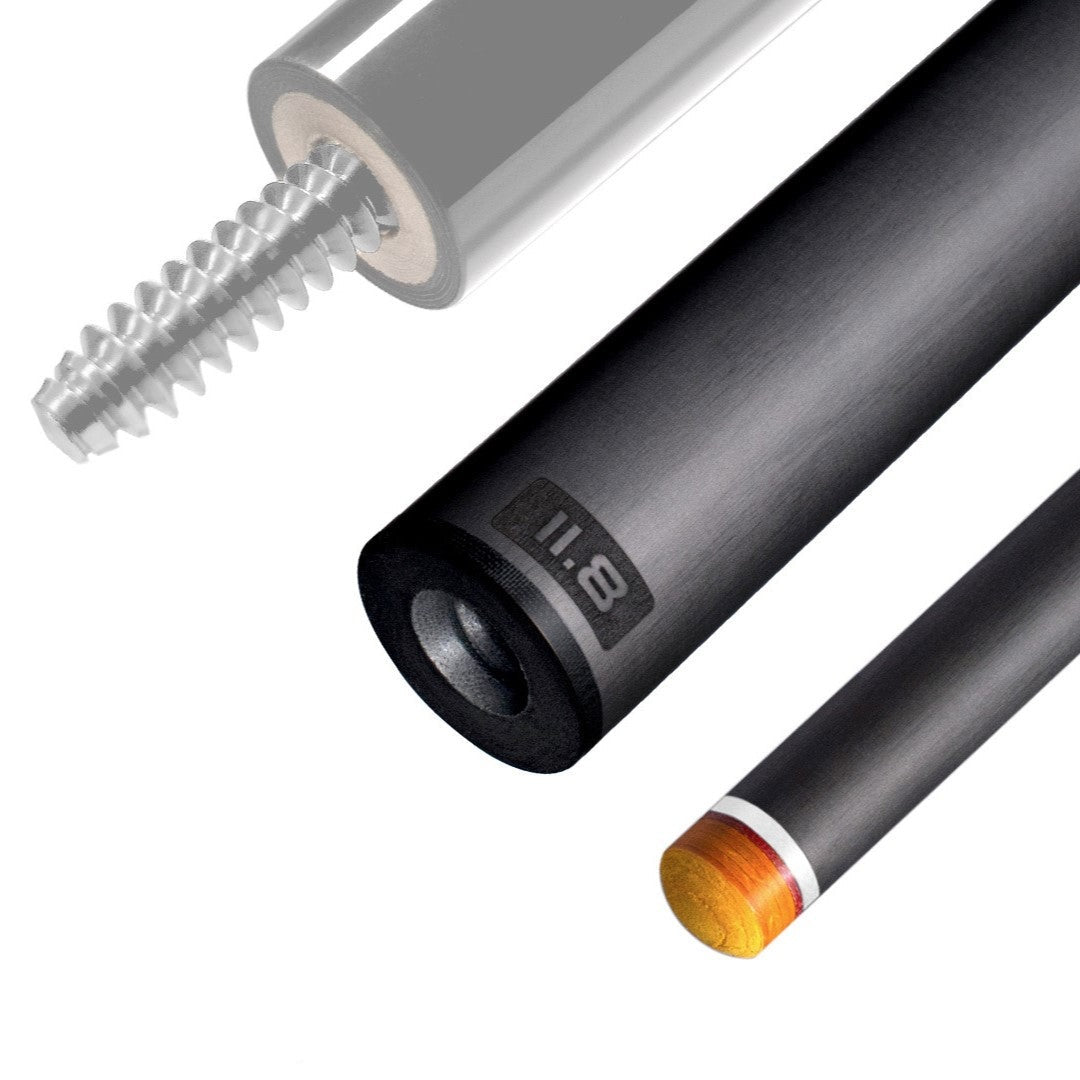 The image shows a pool cue shaft. There are three sections of the cue shaft displayed, each with a different view. The top part shows the threaded end of the shaft, which is designed to be attached to the cue butt. The middle part of the image shows the shaft in full, featuring a sleek black design with the logo "REVO" near the base. The bottom part shows the tip of the shaft, which is colored yellow, indicating the area of impact with the cue ball. The background is white, highlighting the product.
