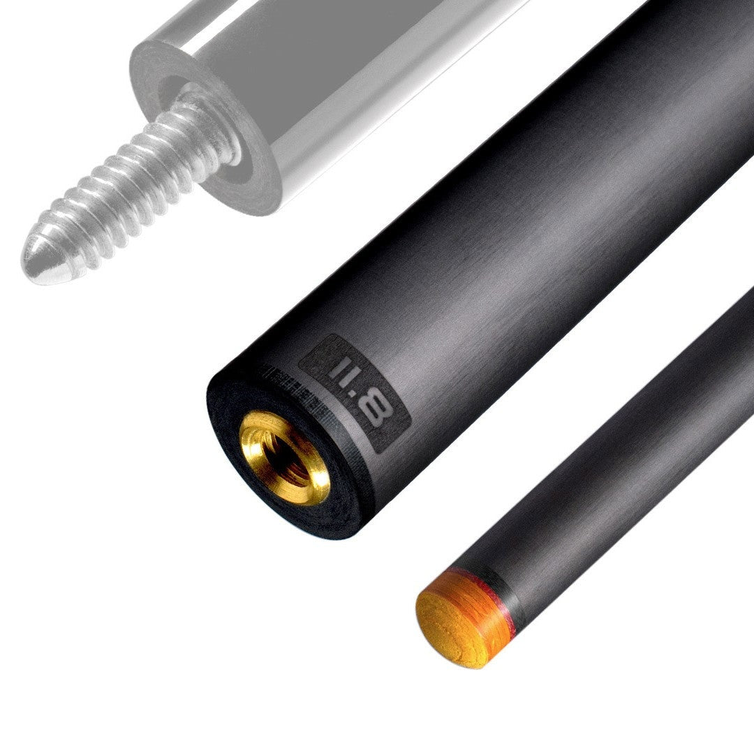 The image shows a pool cue shaft. There are three sections of the cue shaft displayed, each with a different view. The top part shows the threaded end of the shaft, which is designed to be attached to the cue butt. The middle part of the image shows the shaft in full, featuring a sleek black design with the logo "REVO" near the base. The bottom part shows the tip of the shaft, which is colored yellow, indicating the area of impact with the cue ball. The background is white, highlighting the product.