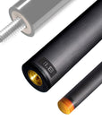 The image shows a pool cue shaft. There are three sections of the cue shaft displayed, each with a different view. The top part shows the threaded end of the shaft, which is designed to be attached to the cue butt. The middle part of the image shows the shaft in full, featuring a sleek black design with the logo "REVO" near the base. The bottom part shows the tip of the shaft, which is colored yellow, indicating the area of impact with the cue ball. The background is white, highlighting the product.