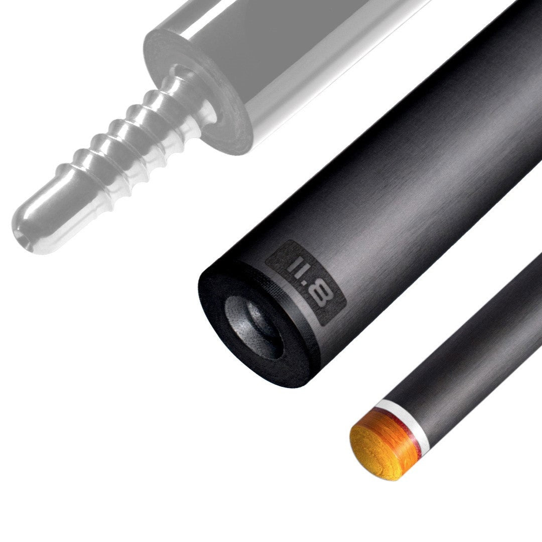The image shows a pool cue shaft. There are three sections of the cue shaft displayed, each with a different view. The top part shows the threaded end of the shaft, which is designed to be attached to the cue butt. The middle part of the image shows the shaft in full, featuring a sleek black design with the logo "REVO" near the base. The bottom part shows the tip of the shaft, which is colored yellow, indicating the area of impact with the cue ball. The background is white, highlighting the product.