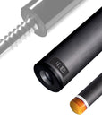 The image shows a pool cue shaft. There are three sections of the cue shaft displayed, each with a different view. The top part shows the threaded end of the shaft, which is designed to be attached to the cue butt. The middle part of the image shows the shaft in full, featuring a sleek black design with the logo "REVO" near the base. The bottom part shows the tip of the shaft, which is colored yellow, indicating the area of impact with the cue ball. The background is white, highlighting the product.