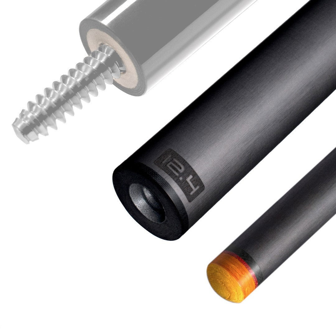 The image shows a pool cue shaft. There are three sections of the cue shaft displayed, each with a different view. The top part shows the threaded end of the shaft, which is designed to be attached to the cue butt. The middle part of the image shows the shaft in full, featuring a sleek black design with the logo "REVO" near the base. The bottom part shows the tip of the shaft, which is colored yellow, indicating the area of impact with the cue ball. The background is white, highlighting the product.