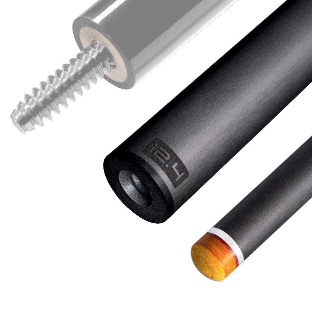 The image shows a pool cue shaft. There are three sections of the cue shaft displayed, each with a different view. The top part shows the threaded end of the shaft, which is designed to be attached to the cue butt. The middle part of the image shows the shaft in full, featuring a sleek black design with the logo "REVO" near the base. The bottom part shows the tip of the shaft, which is colored yellow, indicating the area of impact with the cue ball. The background is white, highlighting the product.
