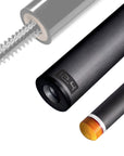 The image shows a pool cue shaft. There are three sections of the cue shaft displayed, each with a different view. The top part shows the threaded end of the shaft, which is designed to be attached to the cue butt. The middle part of the image shows the shaft in full, featuring a sleek black design with the logo "REVO" near the base. The bottom part shows the tip of the shaft, which is colored yellow, indicating the area of impact with the cue ball. The background is white, highlighting the product.