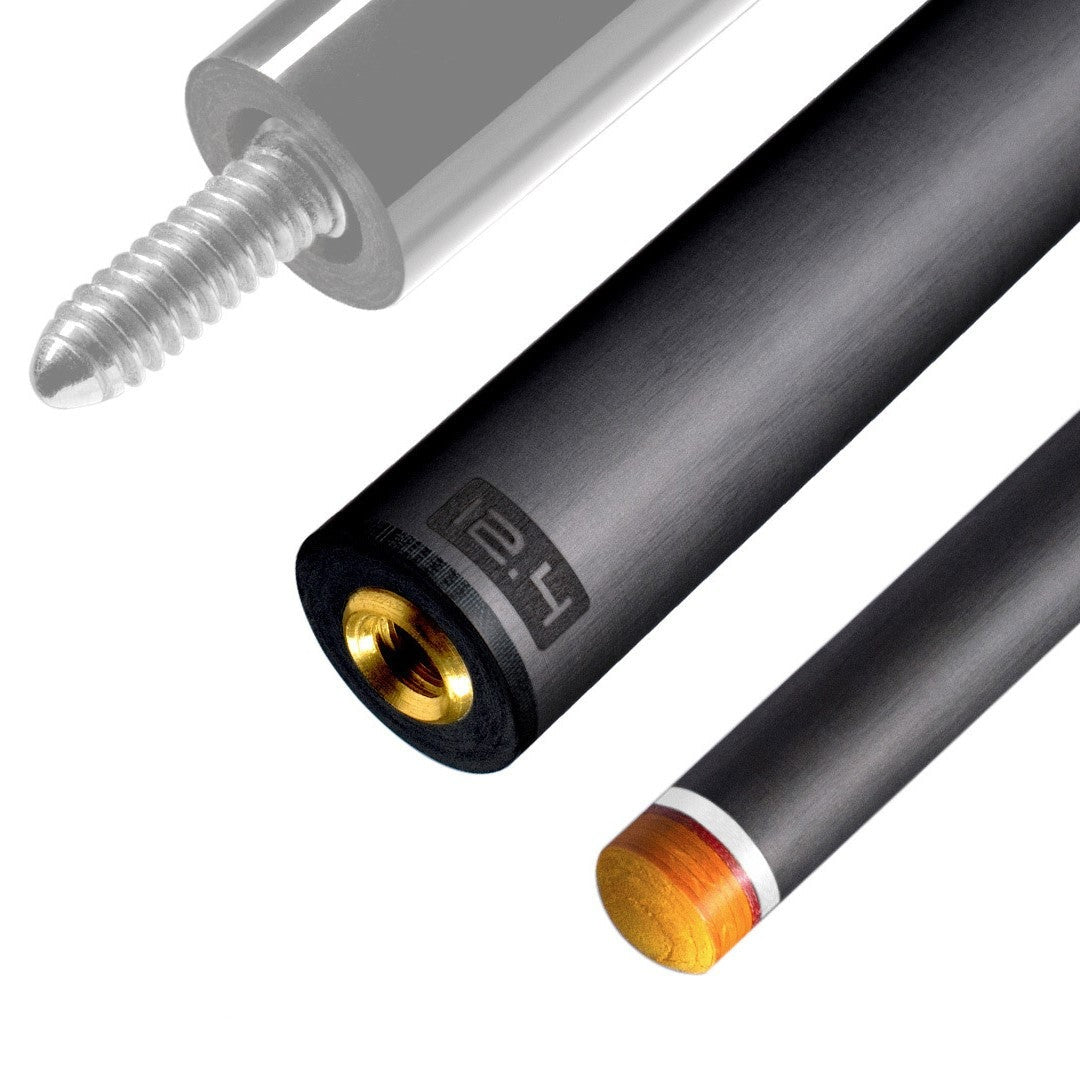 The image shows a pool cue shaft. There are three sections of the cue shaft displayed, each with a different view. The top part shows the threaded end of the shaft, which is designed to be attached to the cue butt. The middle part of the image shows the shaft in full, featuring a sleek black design with the logo &quot;REVO&quot; near the base. The bottom part shows the tip of the shaft, which is colored yellow, indicating the area of impact with the cue ball. The background is white, highlighting the product.