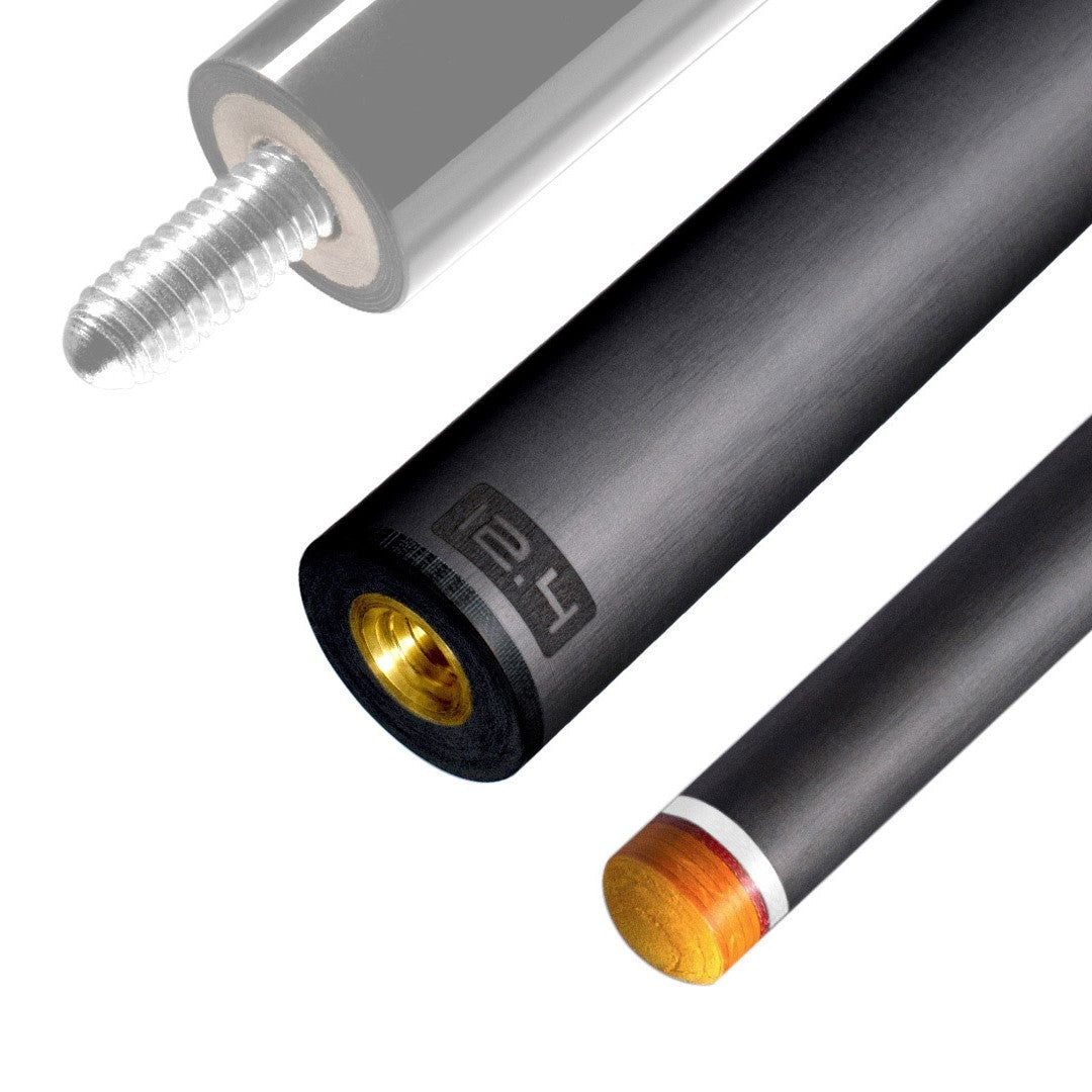 The image shows a pool cue shaft. There are three sections of the cue shaft displayed, each with a different view. The top part shows the threaded end of the shaft, which is designed to be attached to the cue butt. The middle part of the image shows the shaft in full, featuring a sleek black design with the logo "REVO" near the base. The bottom part shows the tip of the shaft, which is colored yellow, indicating the area of impact with the cue ball. The background is white, highlighting the product.