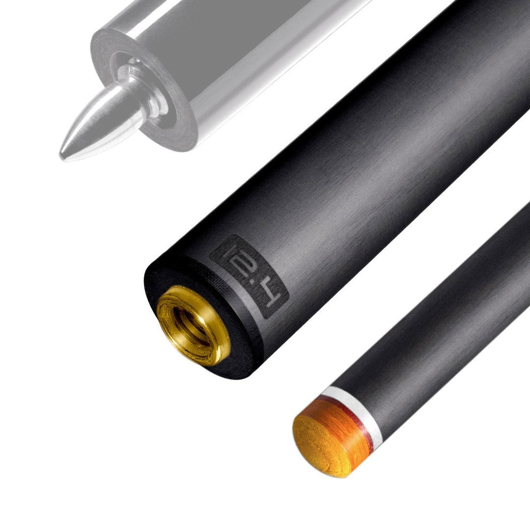 The image shows a pool cue shaft. There are three sections of the cue shaft displayed, each with a different view. The top part shows the threaded end of the shaft, which is designed to be attached to the cue butt. The middle part of the image shows the shaft in full, featuring a sleek black design with the logo "REVO" near the base. The bottom part shows the tip of the shaft, which is colored yellow, indicating the area of impact with the cue ball. The background is white, highlighting the product.
