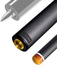 The image shows a pool cue shaft. There are three sections of the cue shaft displayed, each with a different view. The top part shows the threaded end of the shaft, which is designed to be attached to the cue butt. The middle part of the image shows the shaft in full, featuring a sleek black design with the logo "REVO" near the base. The bottom part shows the tip of the shaft, which is colored yellow, indicating the area of impact with the cue ball. The background is white, highlighting the product.