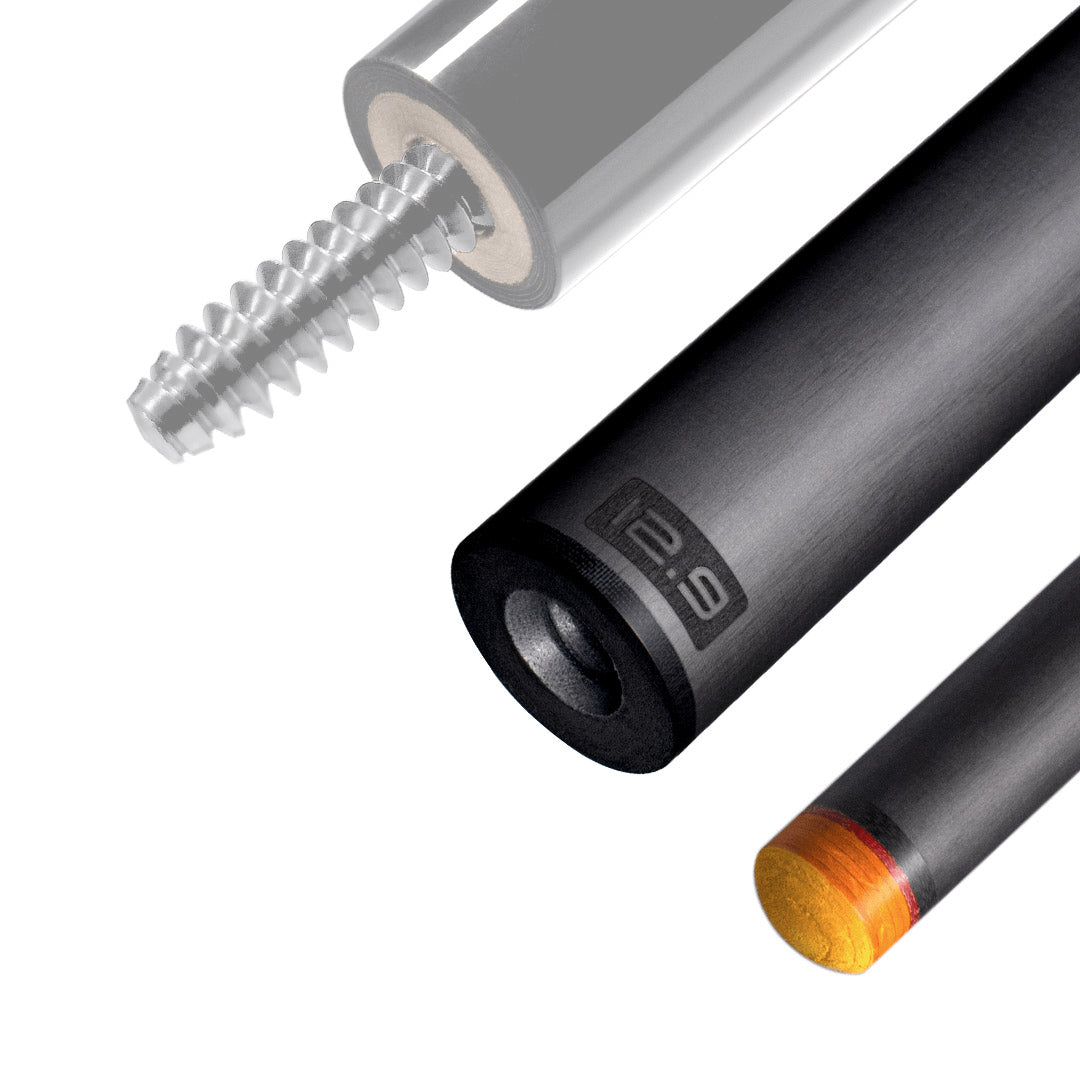 The image shows a pool cue shaft. There are three sections of the cue shaft displayed, each with a different view. The top part shows the threaded end of the shaft, which is designed to be attached to the cue butt. The middle part of the image shows the shaft in full, featuring a sleek black design with the logo "REVO" near the base. The bottom part shows the tip of the shaft, which is colored yellow, indicating the area of impact with the cue ball. The background is white, highlighting the product.
