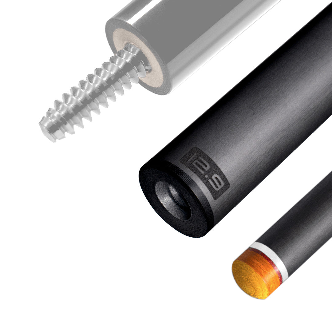 The image shows a pool cue shaft. There are three sections of the cue shaft displayed, each with a different view. The top part shows the threaded end of the shaft, which is designed to be attached to the cue butt. The middle part of the image shows the shaft in full, featuring a sleek black design with the logo "REVO" near the base. The bottom part shows the tip of the shaft, which is colored yellow, indicating the area of impact with the cue ball. The background is white, highlighting the product.