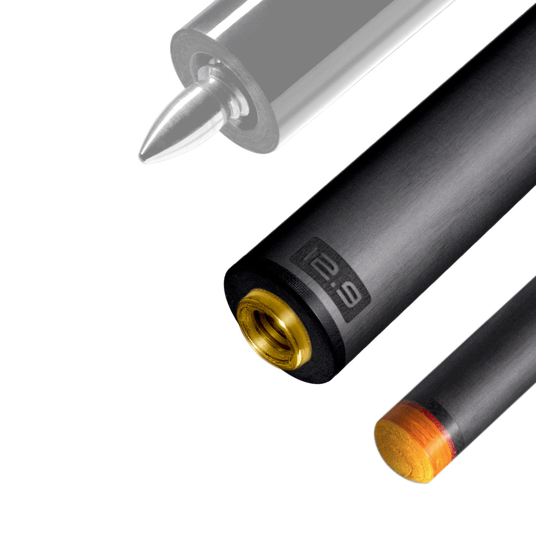 The image shows a pool cue shaft. There are three sections of the cue shaft displayed, each with a different view. The top part shows the threaded end of the shaft, which is designed to be attached to the cue butt. The middle part of the image shows the shaft in full, featuring a sleek black design with the logo "REVO" near the base. The bottom part shows the tip of the shaft, which is colored yellow, indicating the area of impact with the cue ball. The background is white, highlighting the product.