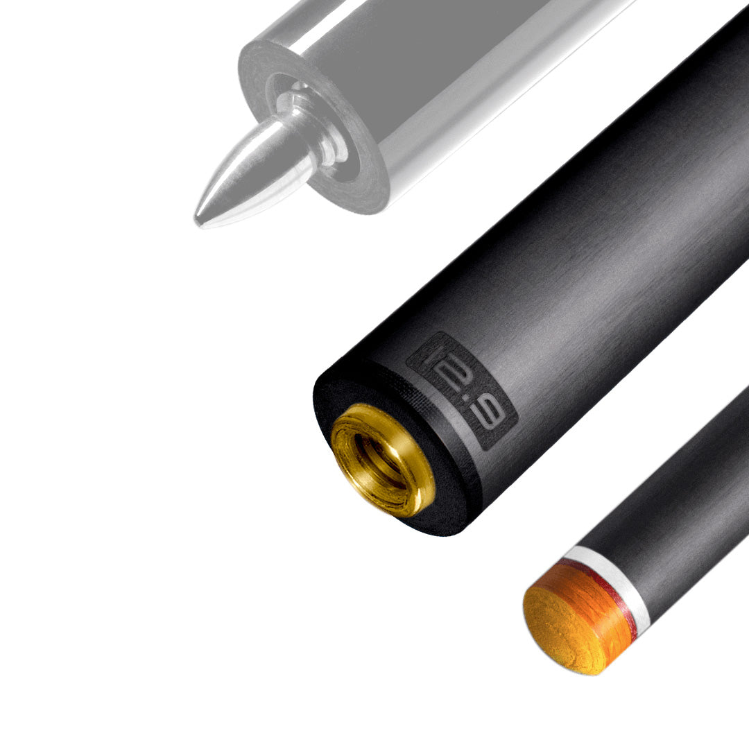 The image shows a pool cue shaft. There are three sections of the cue shaft displayed, each with a different view. The top part shows the threaded end of the shaft, which is designed to be attached to the cue butt. The middle part of the image shows the shaft in full, featuring a sleek black design with the logo "REVO" near the base. The bottom part shows the tip of the shaft, which is colored yellow, indicating the area of impact with the cue ball. The background is white, highlighting the product.