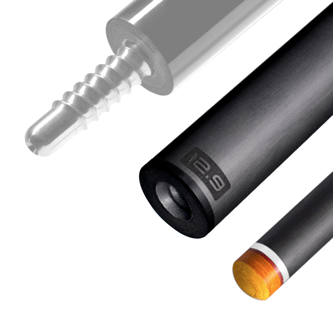 The image shows a pool cue shaft. There are three sections of the cue shaft displayed, each with a different view. The top part shows the threaded end of the shaft, which is designed to be attached to the cue butt. The middle part of the image shows the shaft in full, featuring a sleek black design with the logo &quot;REVO&quot; near the base. The bottom part shows the tip of the shaft, which is colored yellow, indicating the area of impact with the cue ball. The background is white, highlighting the product.