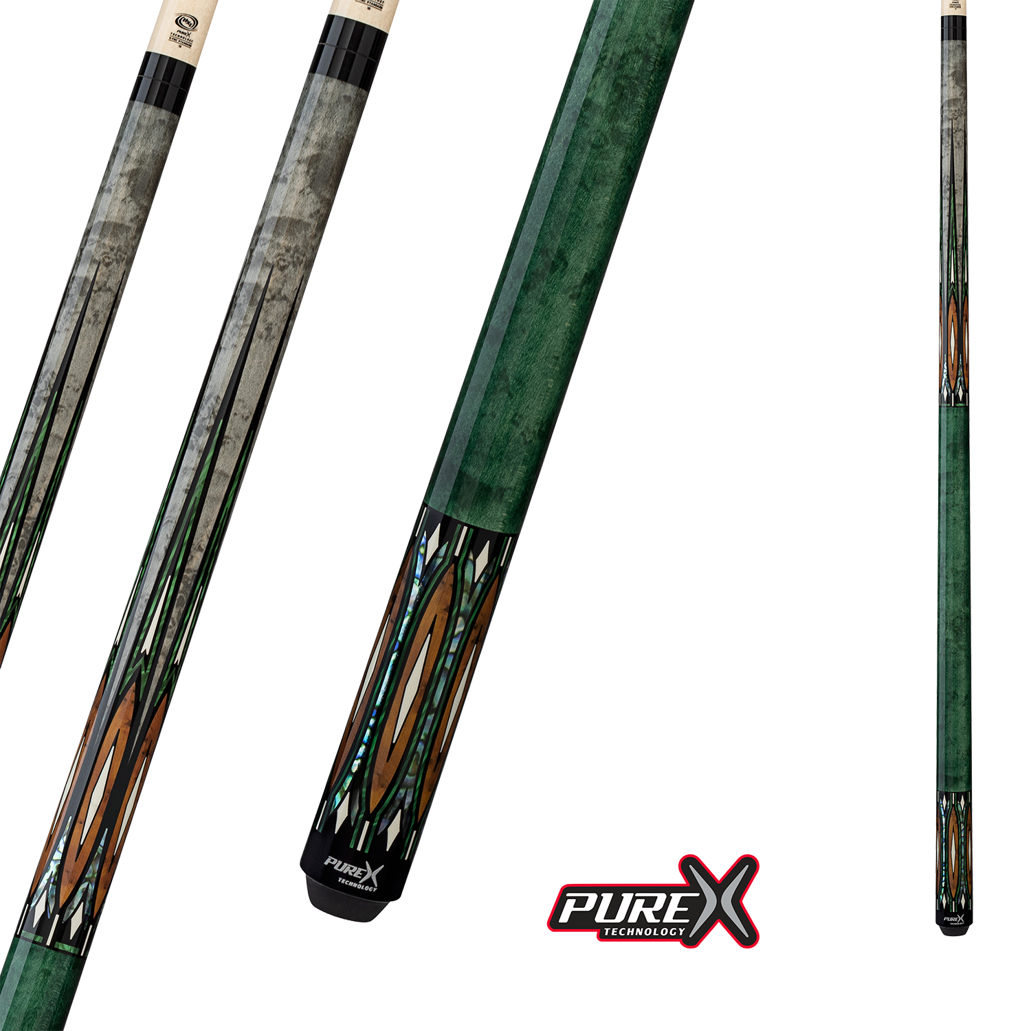 BAGUETTE DE BILLARD PURE X VERT ET GRIS EN ÉRABLE AVEC MALACHITE ET LOUPE DE THUYA 12.75MM 19OZ