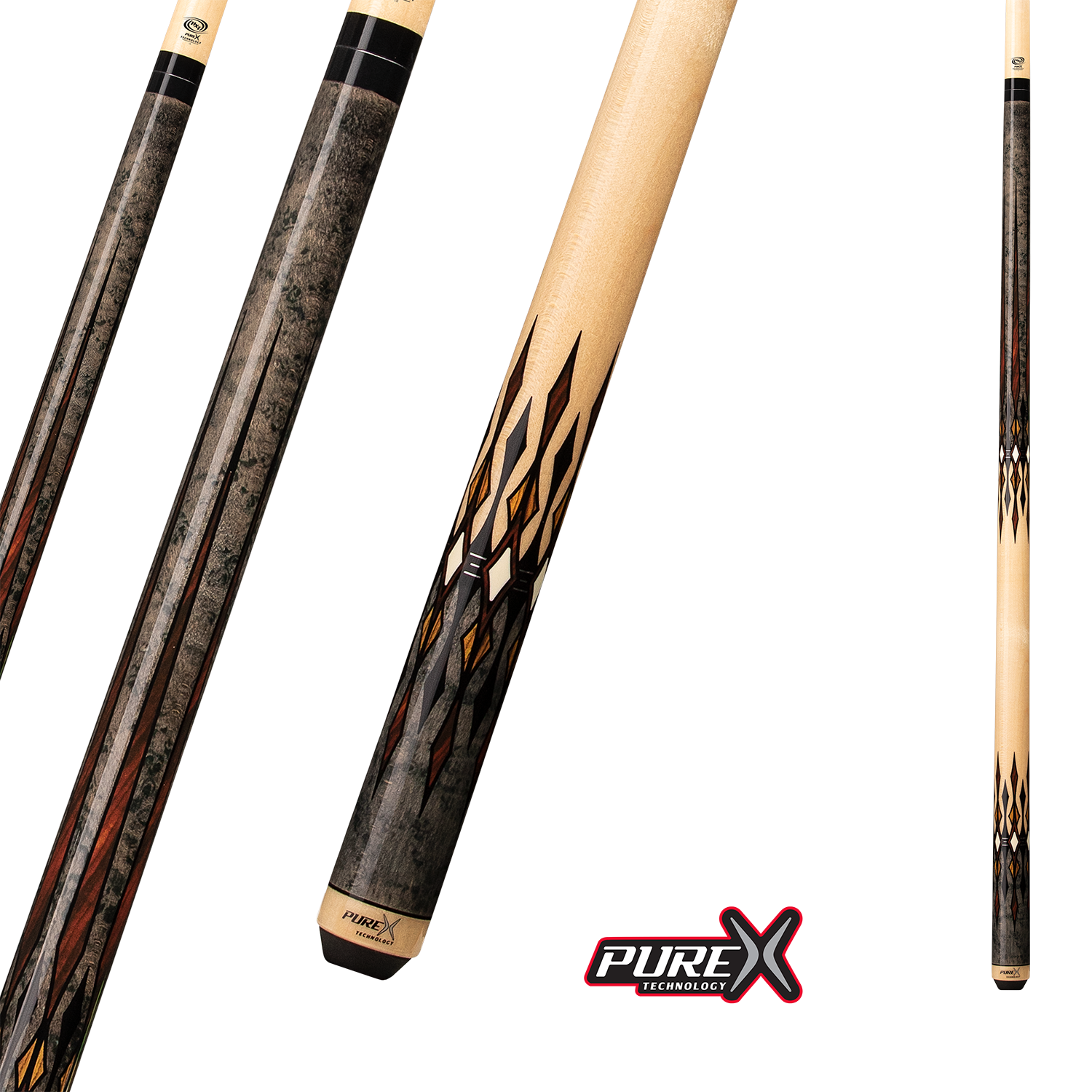 PURE X POOL CUE GREY STAINED & BIRDSEYE MAPLE WITH COCOBOLO 13MM 19OZ