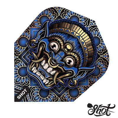 Tribal-style dart flight featuring a fierce blue and gold mask design with intricate floral patterns, from the Shot Darts Tribal Weapon Java series.