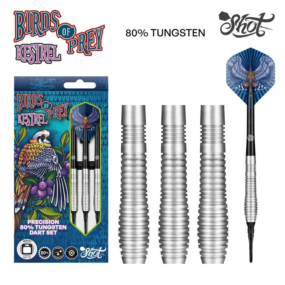 SHOT BIRDS OF PREY KESTREL SOFT TIP DART SET - 80% TUNGSTEN BARRELS