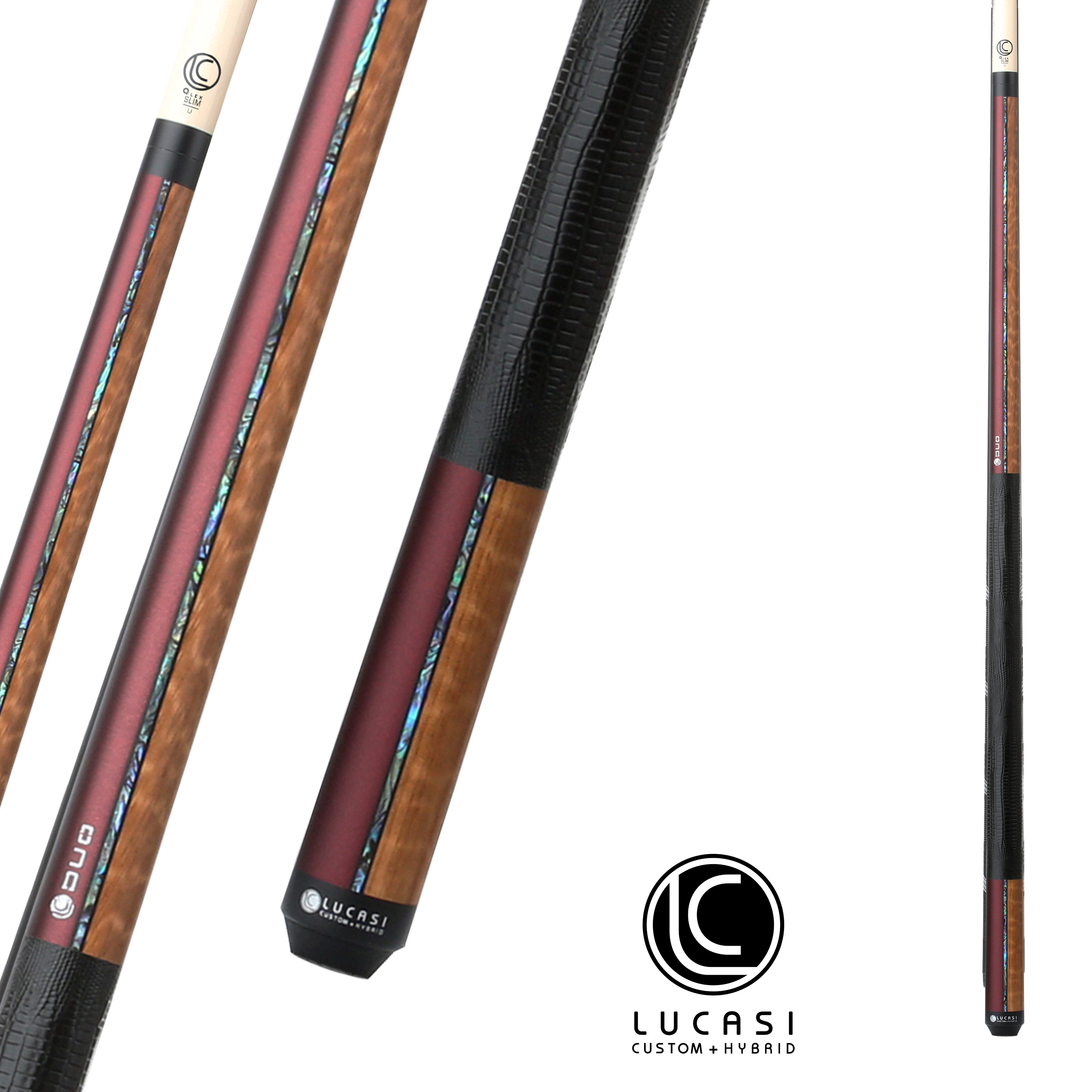 LUCASI POOL CUE DUO LZDU14 RED AND EXOTIC EMBOSSED LEATHER WRAP 13MM 19OZ
