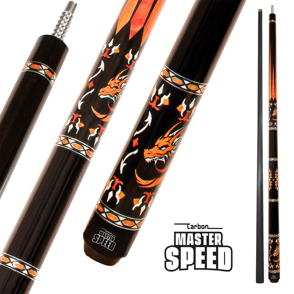 MASTER SPEED U5 CARBON 2-PIECES CUE - CARBON FIBER SHAFT BLACK/ORANGE DRAGON 12.5MM 19OZ