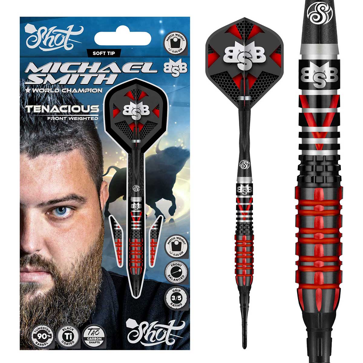 FLÉCHETTES SHOT TENACIOUS DE MICHAEL SMITH POINTE SOUPLE - BARREAUX EN TUNGSTÈNE À 90%