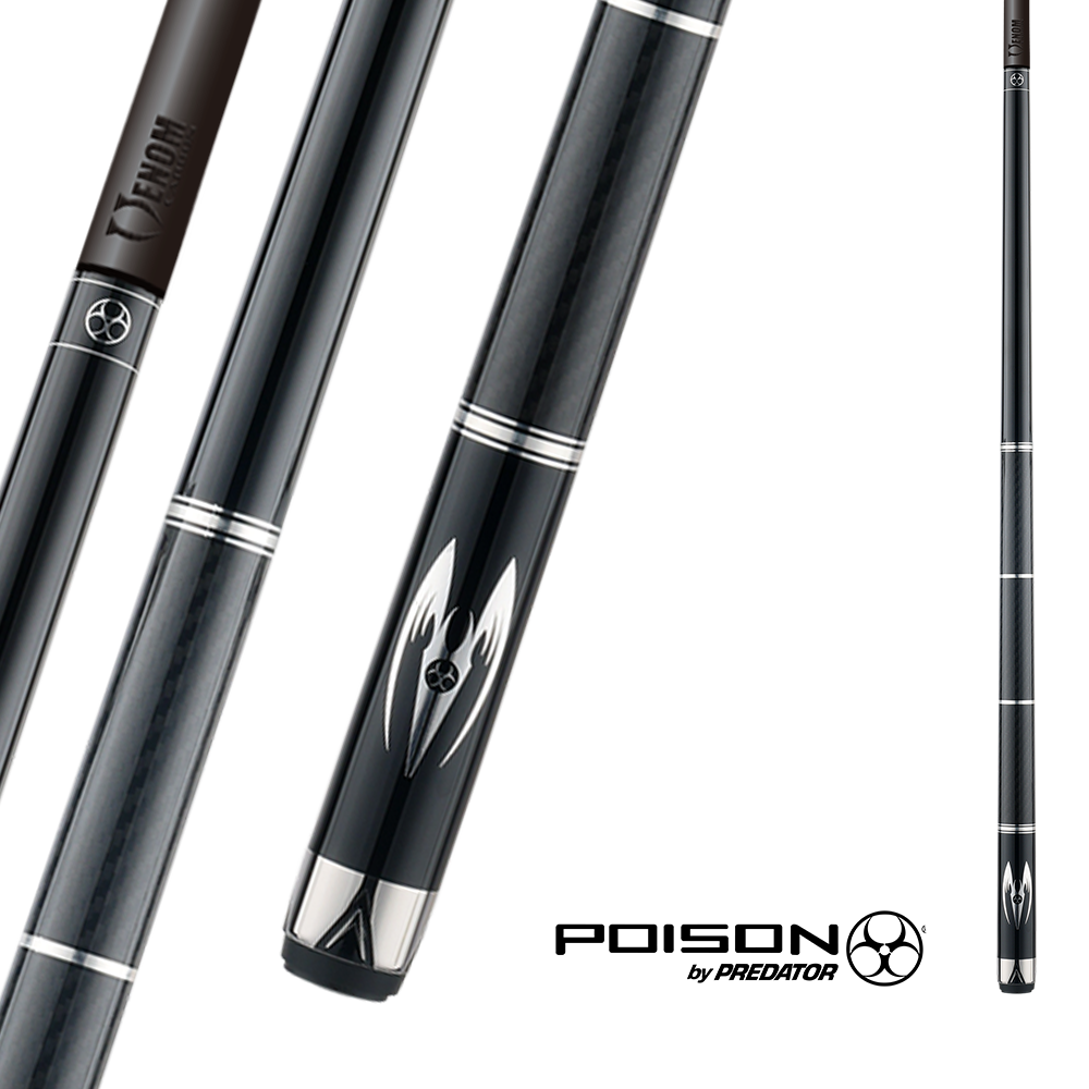 POISON MAELITH POOL CUE WITH CARBON FIBER SHAFT - BLACK/BLACK - NO WRAP 12.4MM 19OZ