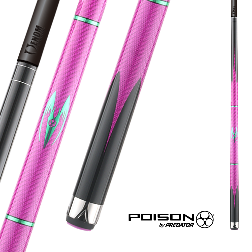 POISON MAELITH POOL CUE WITH CARBON FIBER SHAFT - PINK/BLACK - NO WRAP 12.4MM 19OZ