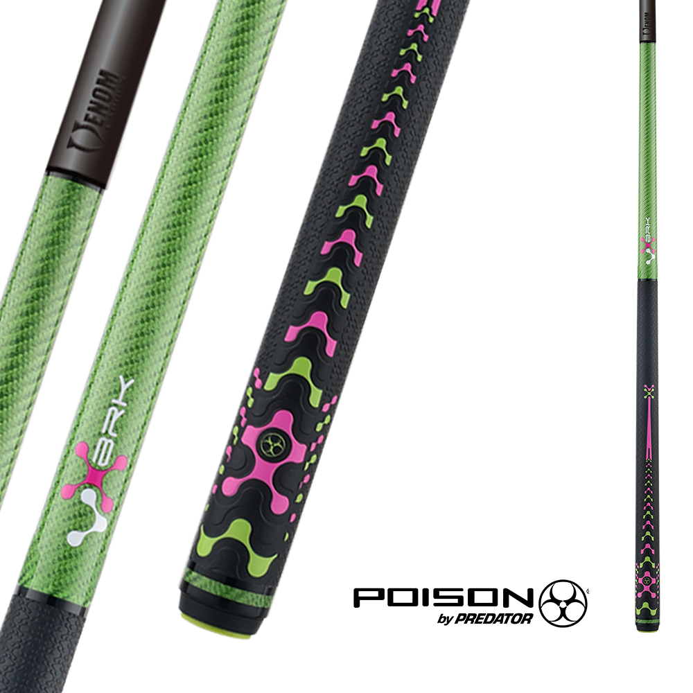 POISON VX BREAK CUE WITH VENOM CARBON FIBER SHAFT - GREEN/PINK - TRICOLOR PATTERN WRAP 13MM 19OZ
