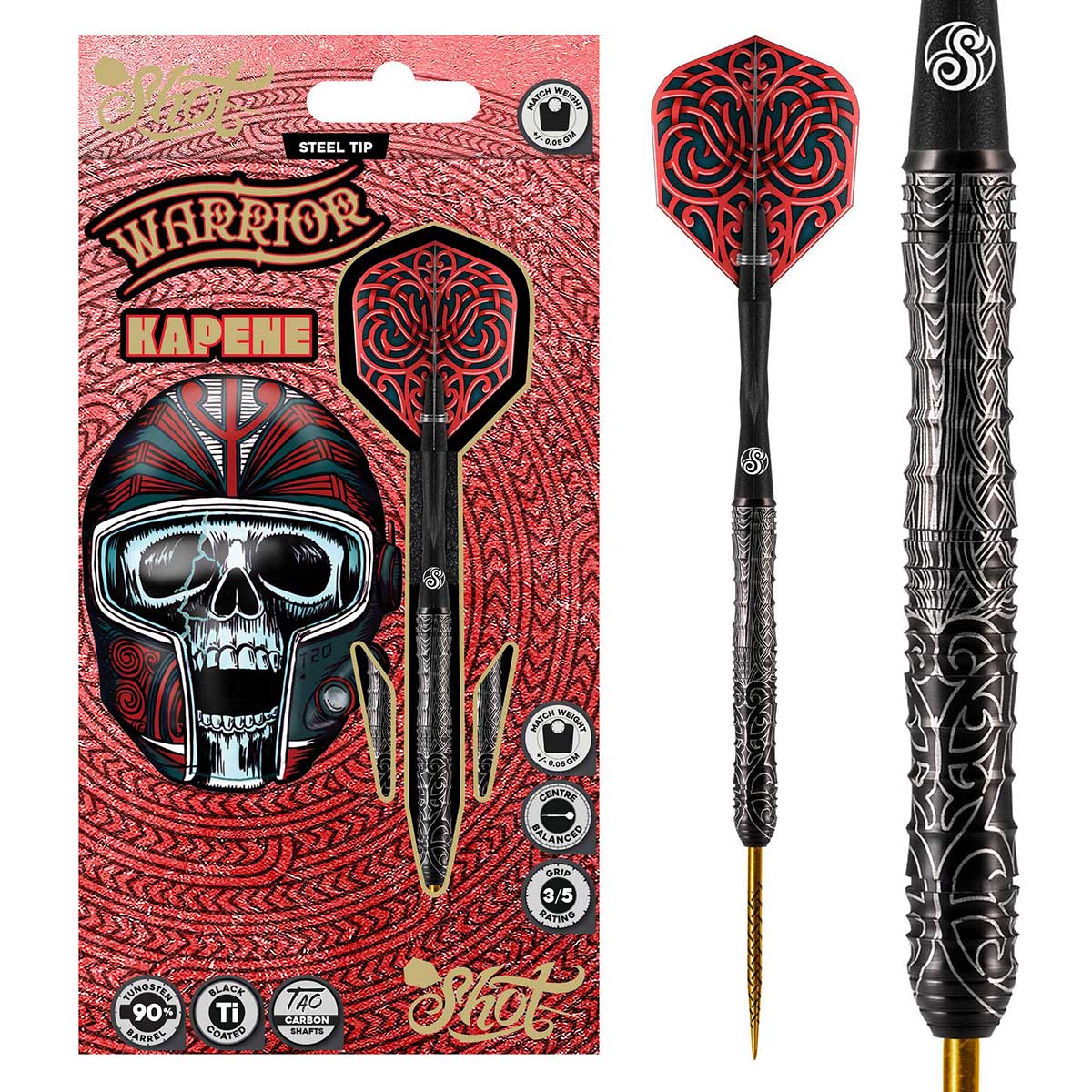 SHOT WARRIOR KAPENE STEEL TIP DART SET - 90% TUNGSTEN BARRELS