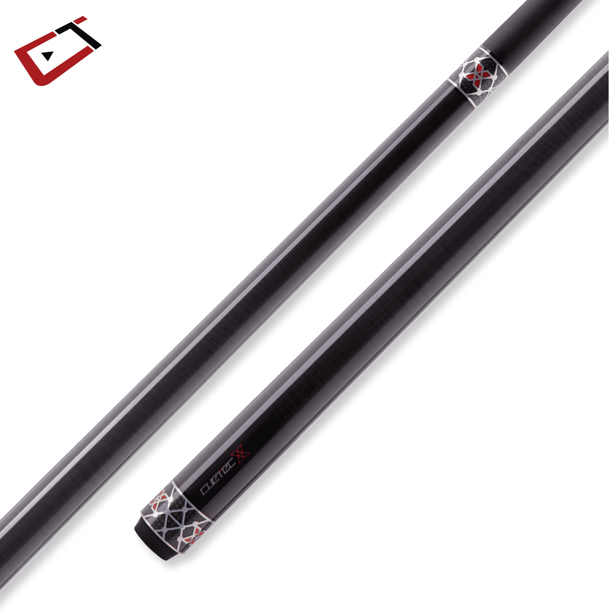 The image showcases a sleek, black pool cue with intricate design details near the grip and tip ends. The cue features a carbon-fiber-like texture with decorative silver and red patterns, giving it a modern and stylish look.