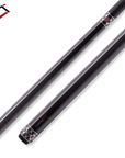 The image showcases a sleek, black pool cue with intricate design details near the grip and tip ends. The cue features a carbon-fiber-like texture with decorative silver and red patterns, giving it a modern and stylish look.