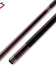 A polished pool cue featuring an amber-colored finish, intricate geometric designs near the butt section, and a textured black grip for enhanced handling. The cue combines elegance and functionality, ideal for professional and recreational players.