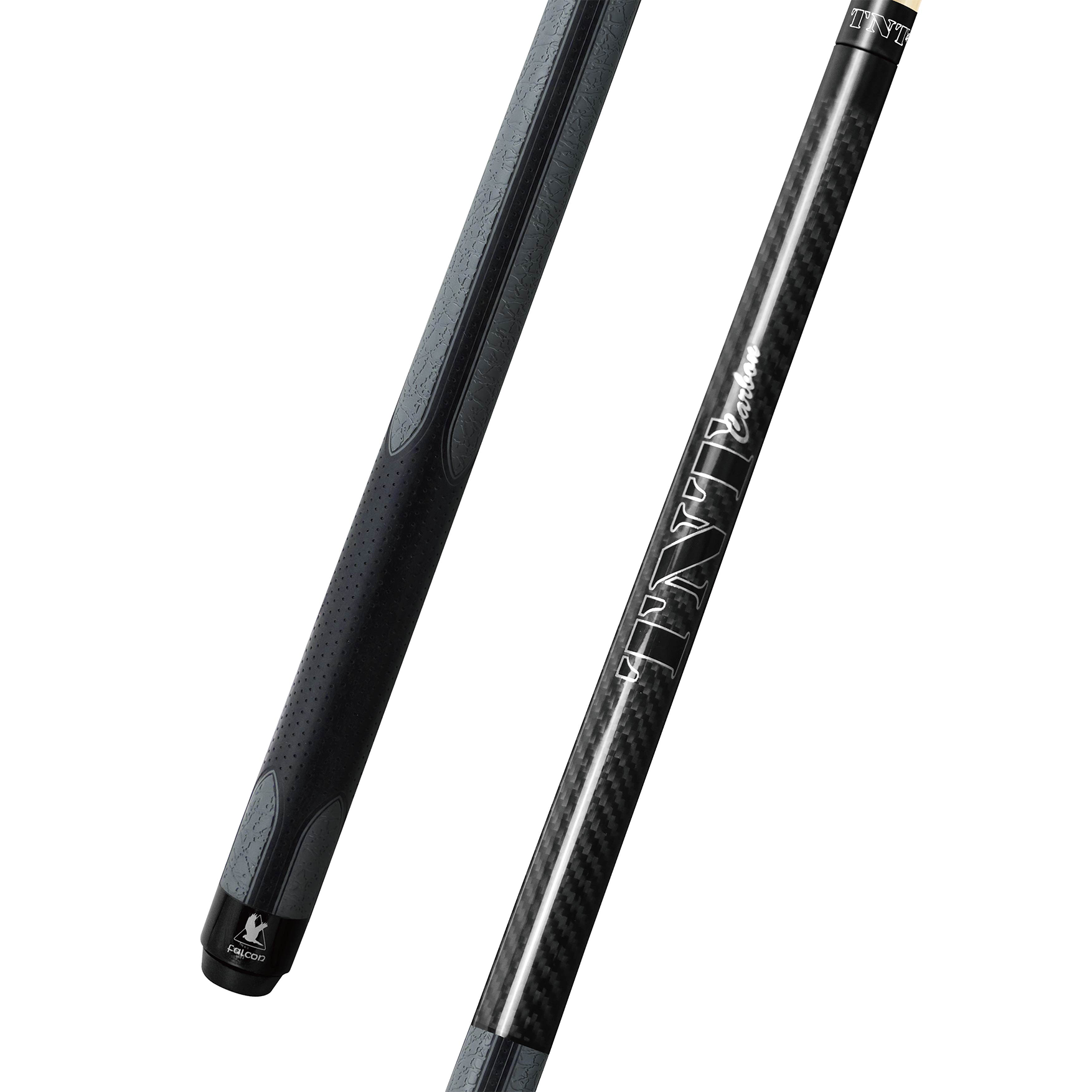 A close-up view of a sleek black and gray pool cue featuring a textured grip for enhanced handling and a carbon fiber shaft with stylish branding that reads "Falcon Carbon." The modern design emphasizes durability and precision.