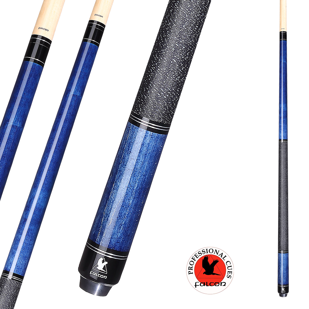 A close-up view of a professional-grade pool cue with a sleek blue shaft, accented by a textured black grip for enhanced handling. The cue features a polished design with the Falcon logo near the base, highlighting its high-quality craftsmanship. In the corner, a round emblem reads "Professional Cues Falcon" with an illustrated falcon silhouette.