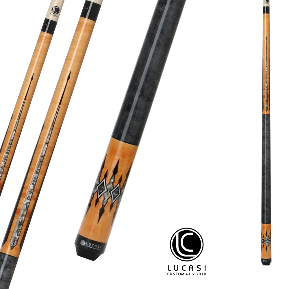 Lucasi Custom pool cue, featuring a design with intricate black and white diamond-shaped inlays and arrow-like details on a natural wood background. The cue has a smooth, polished finish with a black wrap section for grip. The branding "Lucasi Custom" is visible near the base of the cue.