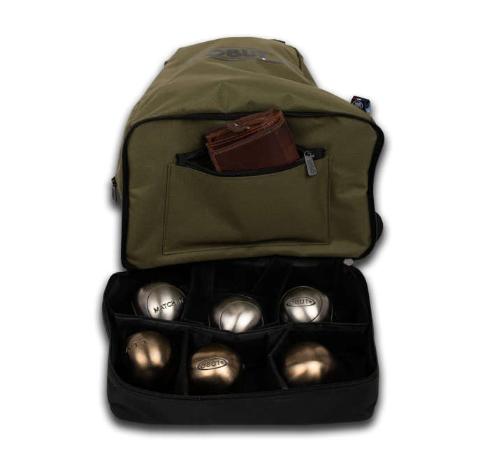 SAC À DOS PÉTANQE OBUT 6 BOULES NOIRE ET KAKI
